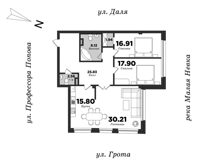 Дом на улице Грота, Корпус 1, 3 спальни, 119.2 м² | планировка элитных квартир Санкт-Петербурга | М16